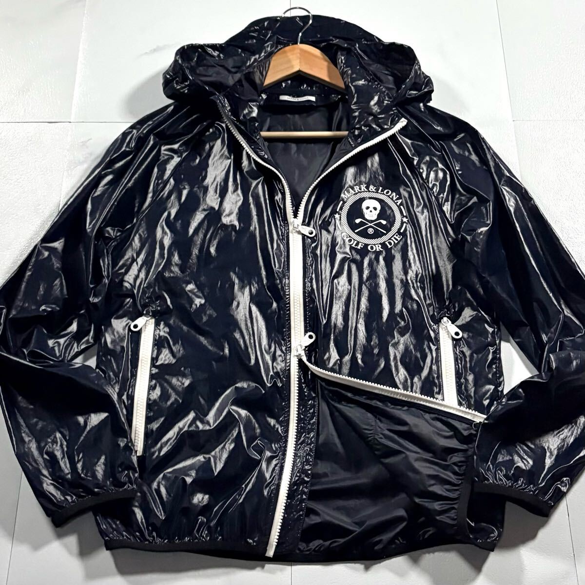未使用級(jí)●マークアンドロナ MARK&LONA ナイロンパーカー パッカブル ダブルジップ ジャケット 軽量 光沢感 ポーチへ ゴルフウエア 旅行 44