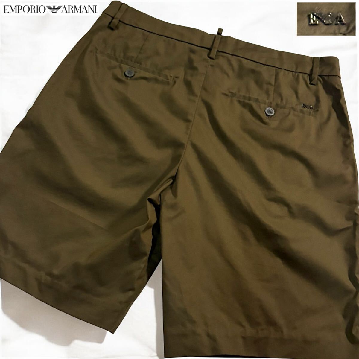 未使用級●エンポリオ アルマーニ ハーフパンツ ショーツ ショート EMPORIO ARMANI コットン 背面イーグルロゴ金具 カーキ 洗濯可◎ 46