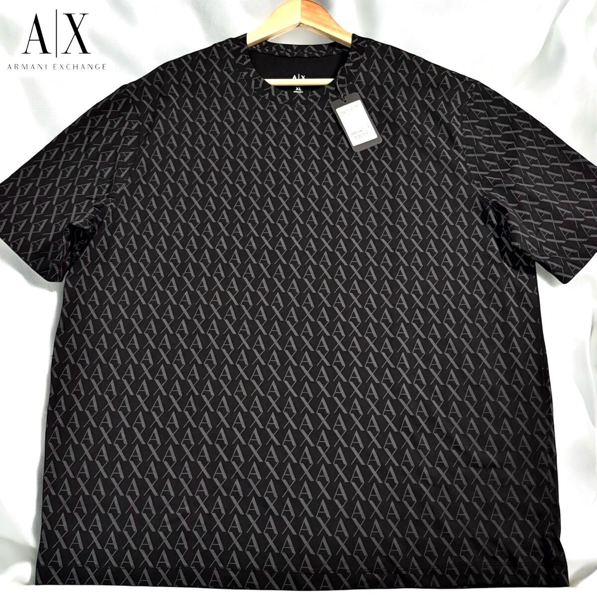 新品タグ付き/XLサイズ●24ss アルマーニ エクスチェンジ 半袖Tシャツ カットソー ARMANI EXCHANGE ストレッチ AXロゴ総柄 黒系 ゆったり