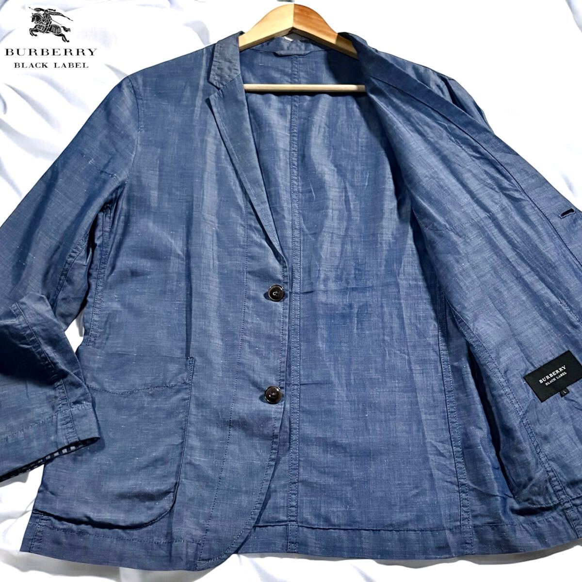 極美品/Lサイズ●バーバリーブラックレーベル サマー アンコン リネン混 テーラードジャケット BURBERRY BLACK LABEL 微光沢 麻 薄手 軽量
