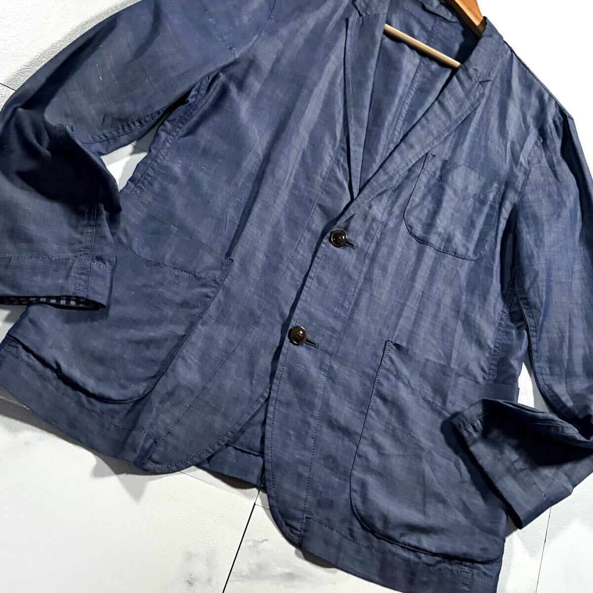 極美品/Lサイズ●バーバリーブラックレーベル サマー アンコン リネン混 テーラードジャケット BURBERRY BLACK LABEL 微光沢 麻 薄手 軽量