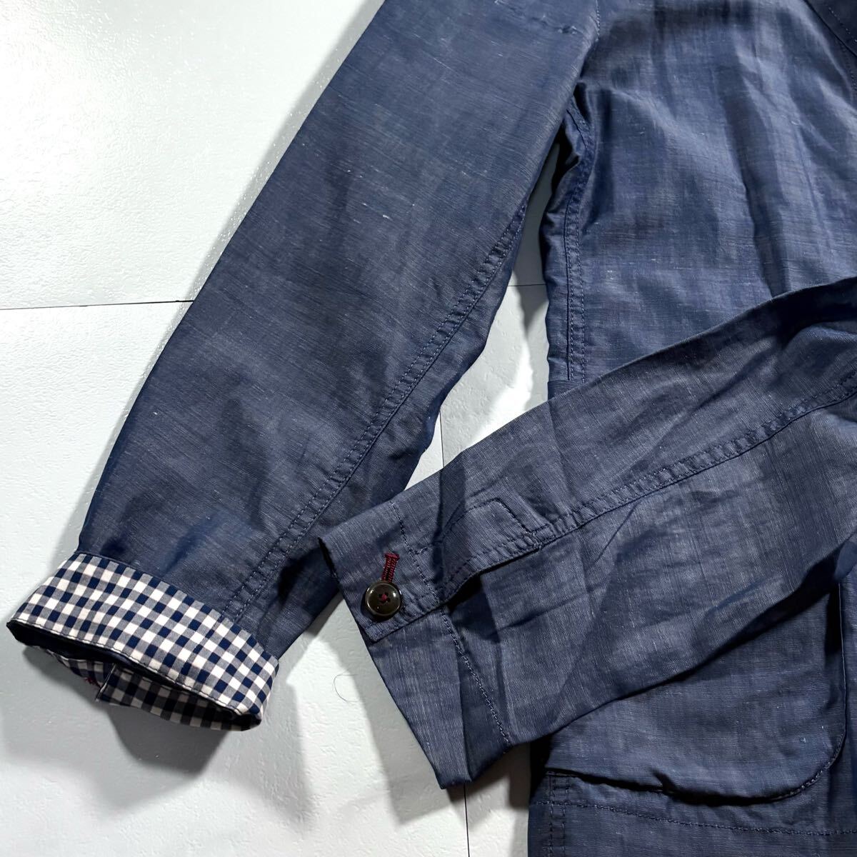 極美品/Lサイズ●バーバリーブラックレーベル サマー アンコン リネン混 テーラードジャケット BURBERRY BLACK LABEL 微光沢 麻 薄手 軽量