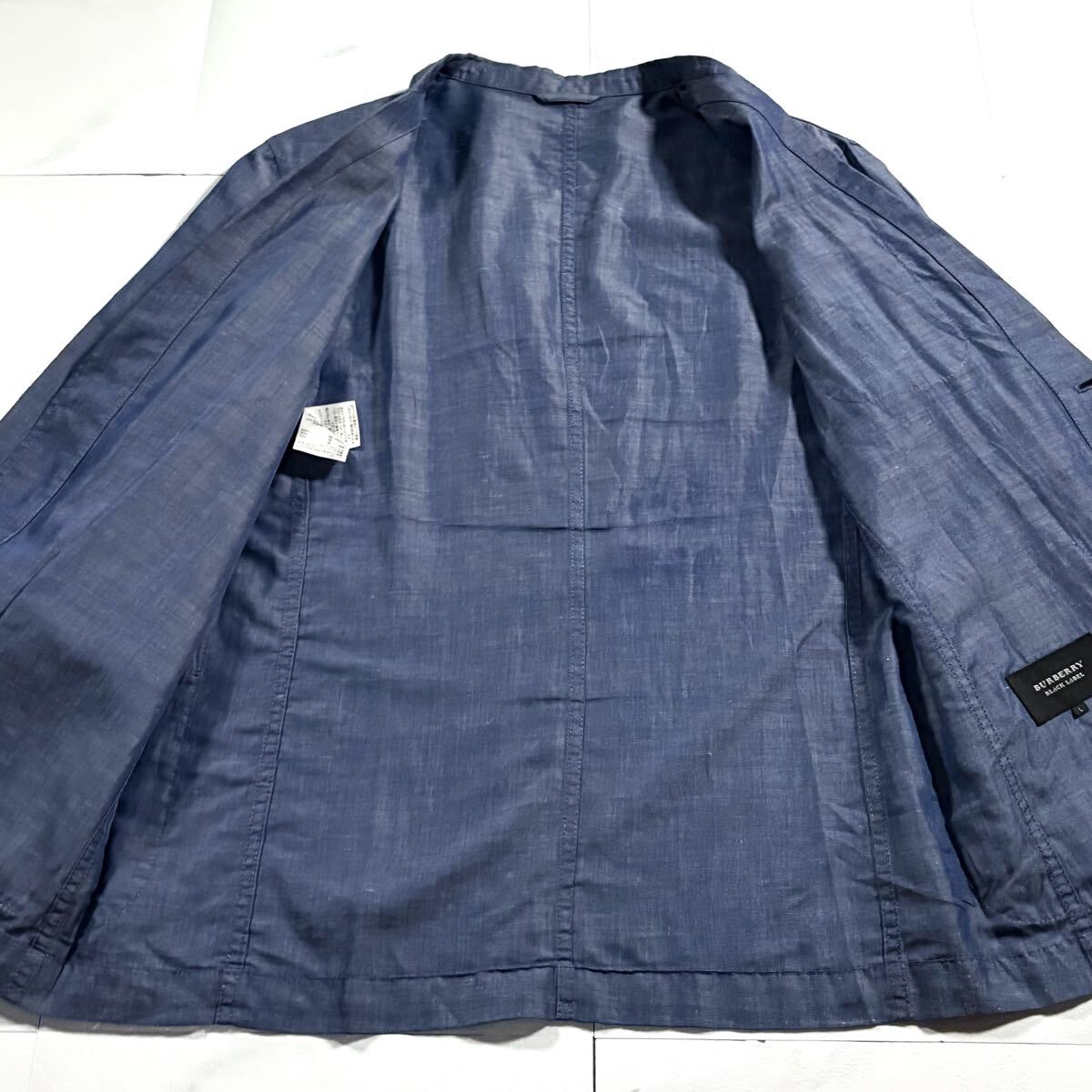 極美品/Lサイズ●バーバリーブラックレーベル サマー アンコン リネン混 テーラードジャケット BURBERRY BLACK LABEL 微光沢 麻 薄手 軽量
