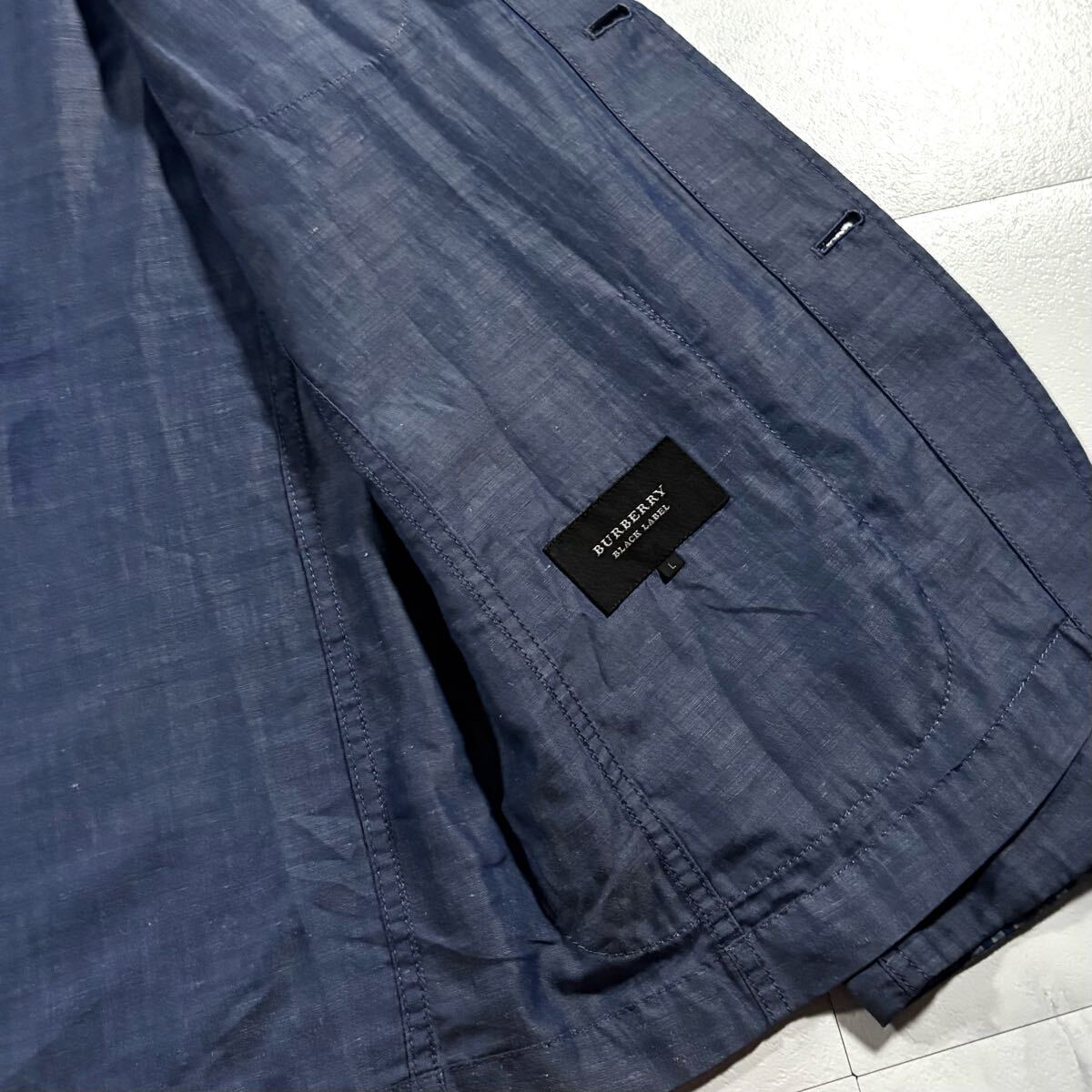 極美品/Lサイズ●バーバリーブラックレーベル サマー アンコン リネン混 テーラードジャケット BURBERRY BLACK LABEL 微光沢 麻 薄手 軽量
