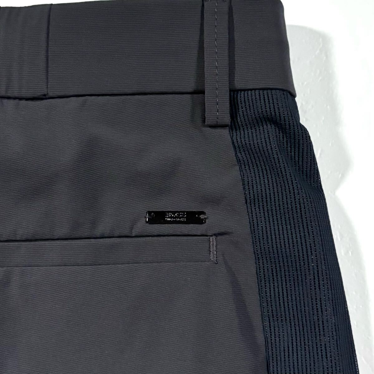未使用級(jí)●ヒューゴボス ナイロン スラックス トラベル サマー パンツ HUGO BOSS ストレッチ 洗濯可◎ 背面ロゴ金具 サイドメッシュロゴ 46
