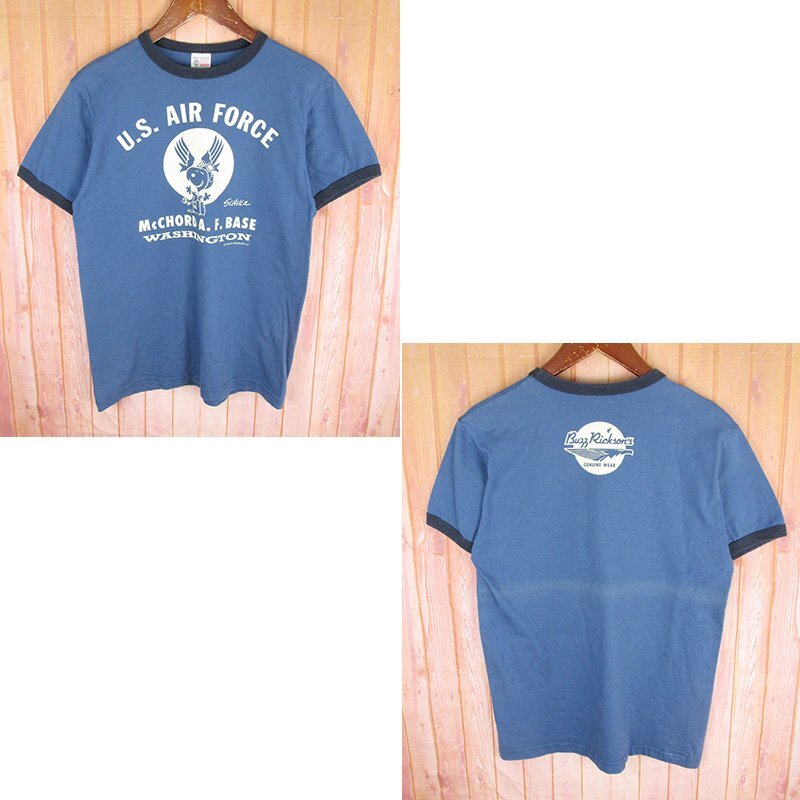 ST12037 東洋 BUZZ RICKSON'S×PEANUTS バズリクソンズ×ピーナッツ リンガーTシャツ スヌーピー ブルー S (36-38)（クリックポスト可）