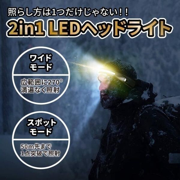 ヘッドライト 充電式 led 最強 軽量 ヘルメット cob usb 防水 懐中電燈 頭 人感センサー 作業(yè)燈 釣り 登山 防水 防災 (wthl0010) 3