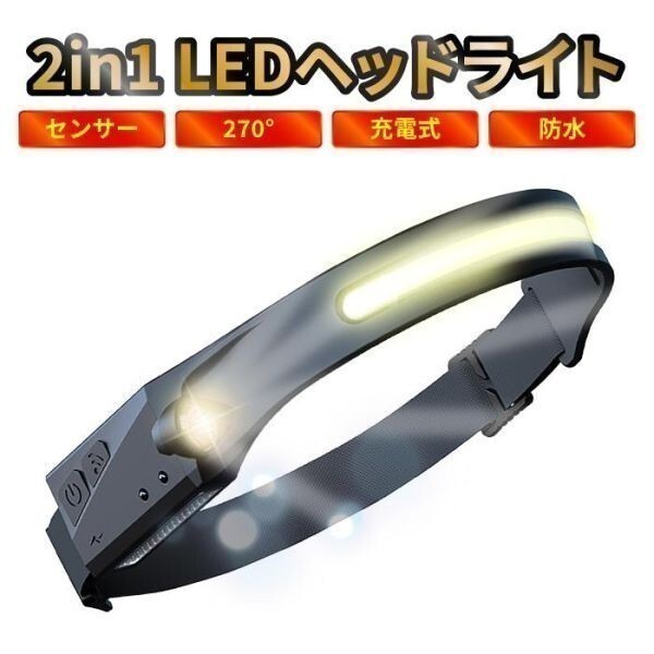 ヘッドライト 充電式 led 最強 軽量 ヘルメット cob usb 防水 懐中電燈 頭 人感センサー 作業(yè)燈 釣り 登山 防水 防災 (wthl0010) 1
