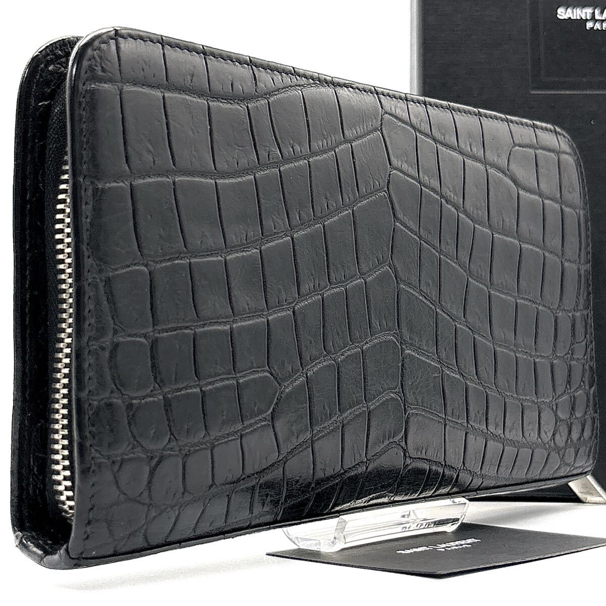 未使用級(jí)◆SAINT LAURENT サンローラン 長(zhǎng)財(cái)布 ロングウォレット クロコダイル エキゾチック 本革 ラウンドファスナー ブラック 黒 メンズ
