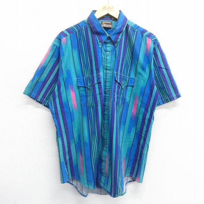 【50%OFF】XL/古著 半袖 ウエスタン シャツ メンズ 90s コットン ボタンダウン 青緑他 ストライプ 24may22 中古 トップス 5OF