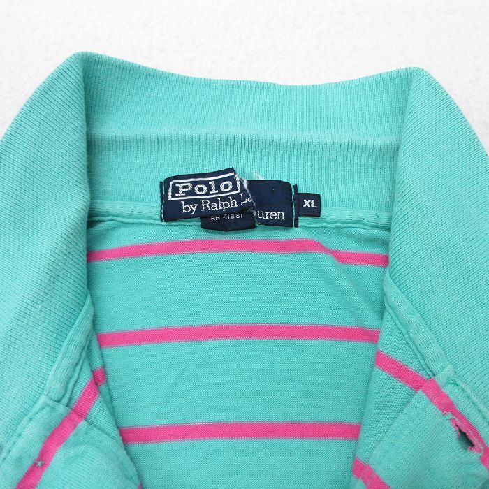 XL/古著 ラルフローレン 半袖 ブランド ポロ シャツ メンズ 90s ワンポイントロゴ 大きいサイズ コットン 青緑他 ボーダー spe 25jun05 中