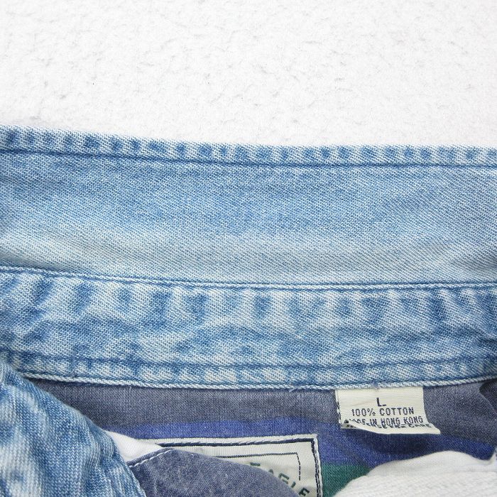 XL/古着 アメリカンイーグル American Eagle 半袖 ラガー シャツ メンズ 90s 襟デニム 大きいサイズ コットン 緑他 グリーン ボーダー spe_画像5