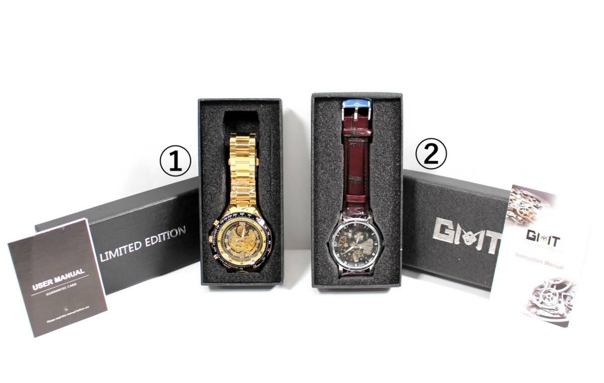 Y6821#◆未使用品◆①WINNER スケルトン メンズ腕時計 TM432 自動巻 ②GMT スケルトン メンズ腕時計 手巻