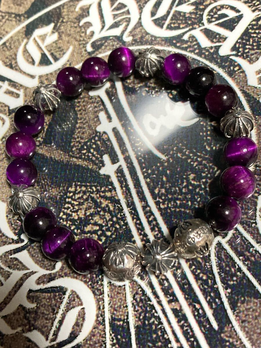 ?CHROME HEARTS?クロムハーツ?新品加工　ビーズ　ブレスレット　パープルタイガーアイ　シルバー925 數(shù)珠　インボイス