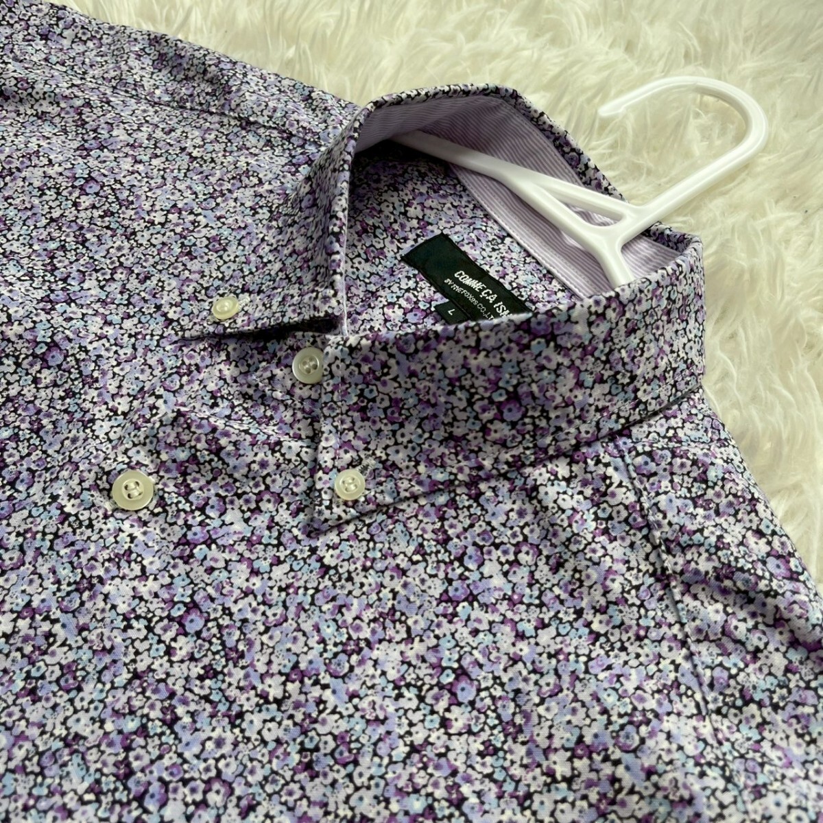 極美品/L 夏向け COMME CA ISM 半袖シャツ ボタンダウン 総柄 花柄 パープル コットン100% コムサイズム