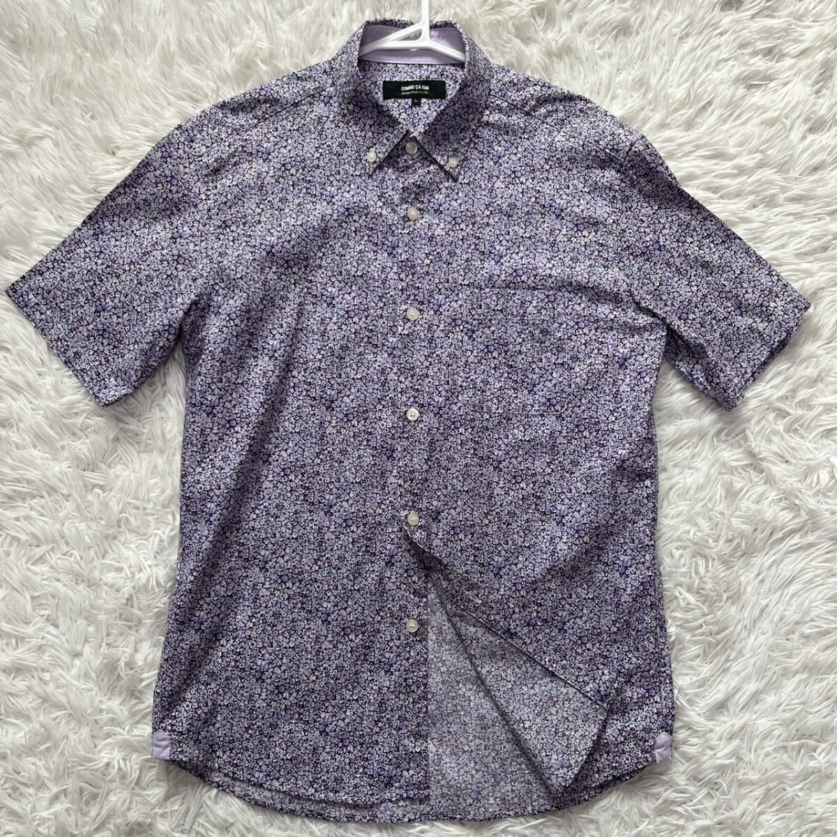 極美品/L 夏向け COMME CA ISM 半袖シャツ ボタンダウン 総柄 花柄 パープル コットン100% コムサイズム