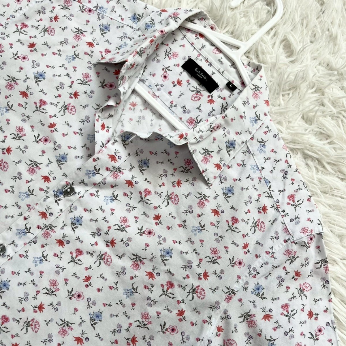 極美品/L 夏向 ポールスミス 長袖シャツ 総柄 薄生地 日本制 コットン100% 刻印ボタン 圧倒的高級感 Paul Smith 紳士の休日 クリーニング済