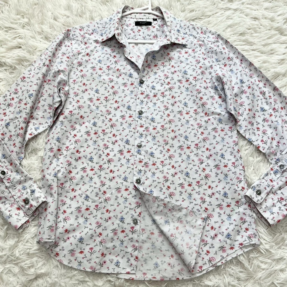 極美品/L 夏向 ポールスミス 長袖シャツ 総柄 薄生地 日本制 コットン100% 刻印ボタン 圧倒的高級感 Paul Smith 紳士の休日 クリーニング済