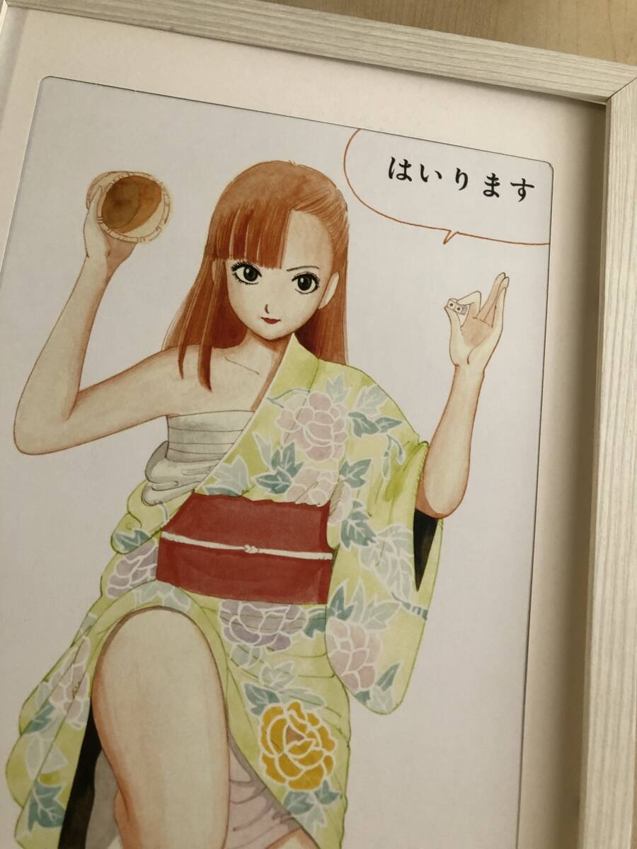 kj ★額装品★ 江口寿史 ストップひばりくん 賭博 貴重イラスト A4サイズ額入り ポスター風デザイン 漫画 和服 着物 美脚 セクシー 