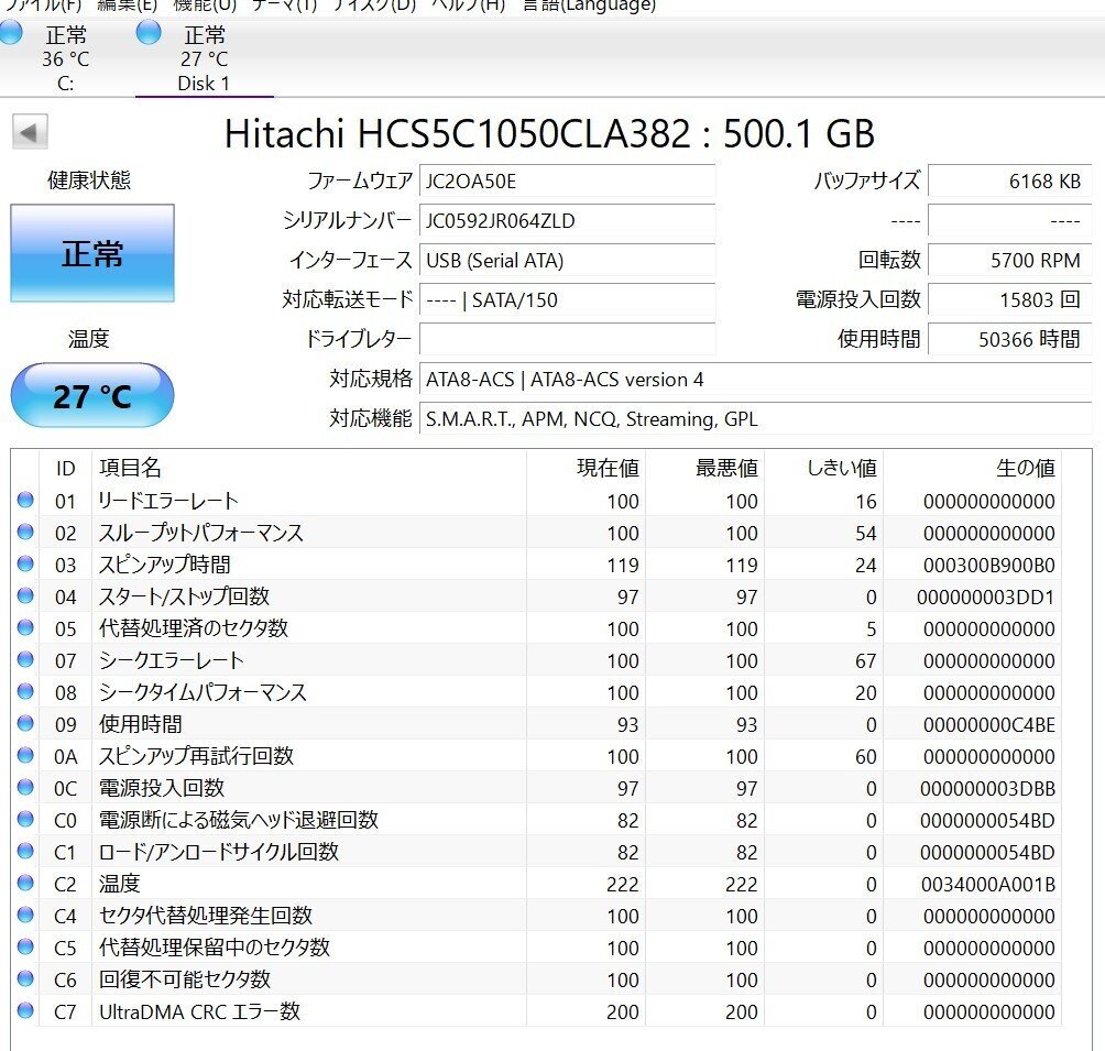 KN4905 【中古品】HITACHI HCS5C1050CLA382 HDD 500GB 4個セット