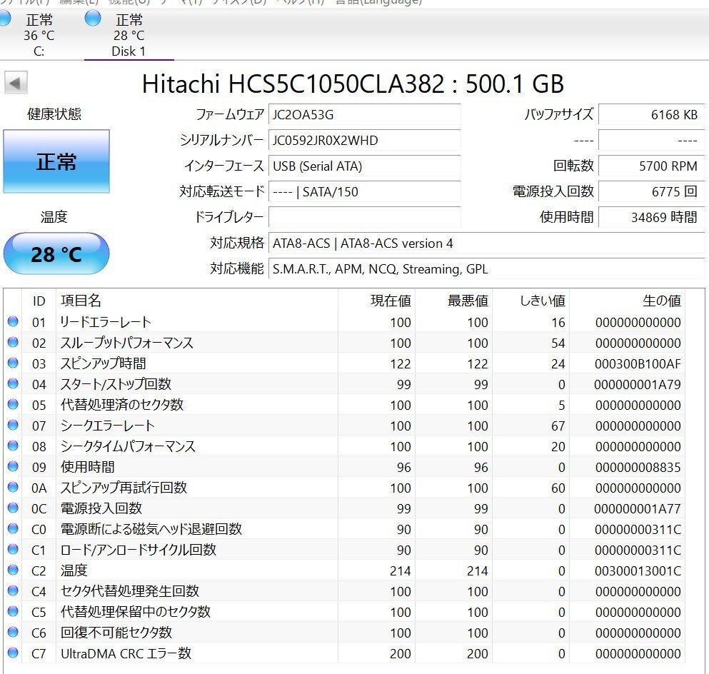 KN4905 【中古品】HITACHI HCS5C1050CLA382 HDD 500GB 4個セット