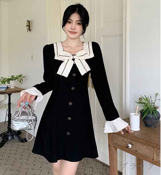  Mini One-piece оборка длинный рукав платье симпатичный простой лента имеется [ большой размер есть ] XL черный 