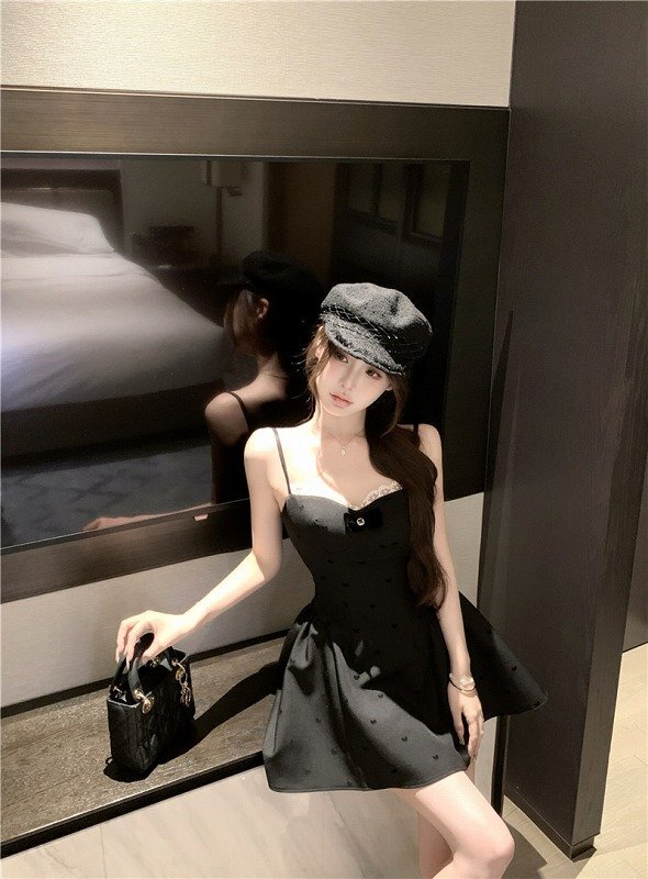 ミニワンピース ショート丈ワンピース キャミワンピース リボン フリル かわいい レディース L ブラック
