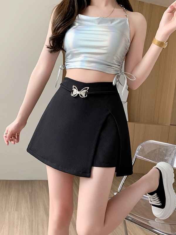 ミニスカート 切り替え スリム 著痩せ 【大きいサイズあり】 M ブラック