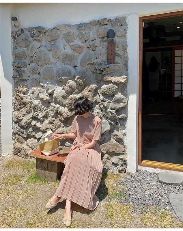 全2色 半袖ワンピース フリル 切り替え 體型カバー 著痩せ 【大きいサイズあり】 L ベージュ