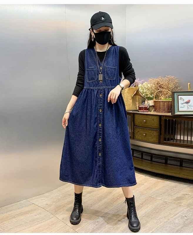 デニムワンピ ノースリーブ フリル 切り替え スリム 著痩せ デニム 【大きいサイズあり】 L ブルー