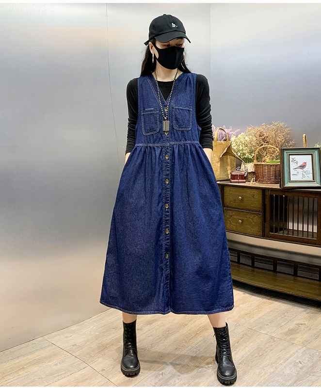 デニムワンピ ノースリーブ フリル 切り替え スリム 著痩せ デニム 【大きいサイズあり】 L ブルー