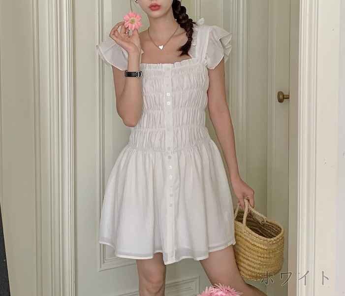 全2色 ミニワンピース フリル 切り替え スリム 著痩せ sweet系 L ホワイト