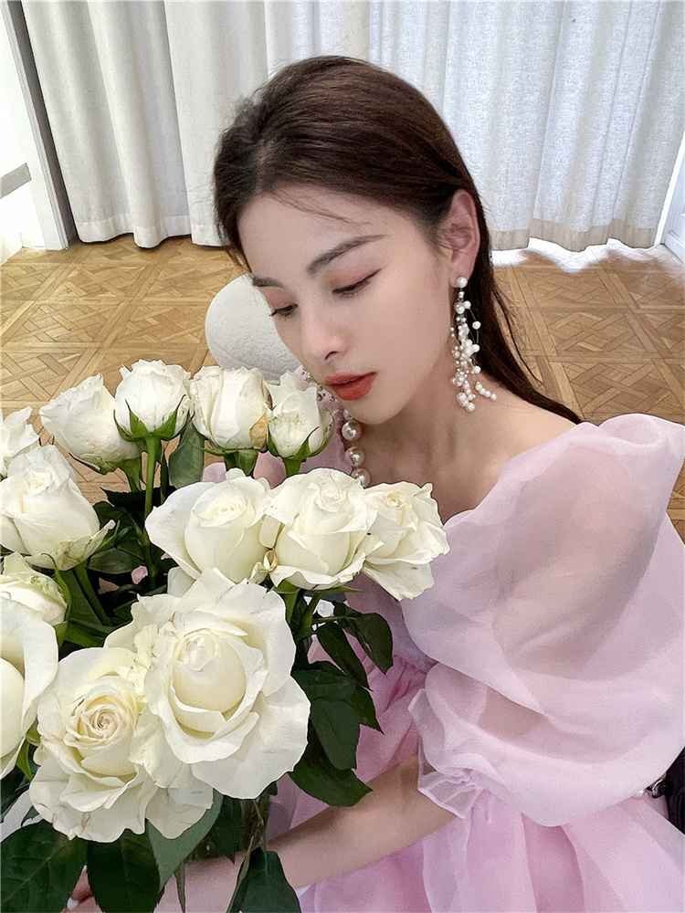 ミニスカート ワンピース sweet系 ハイウエスト パフスリーブ L ブラック