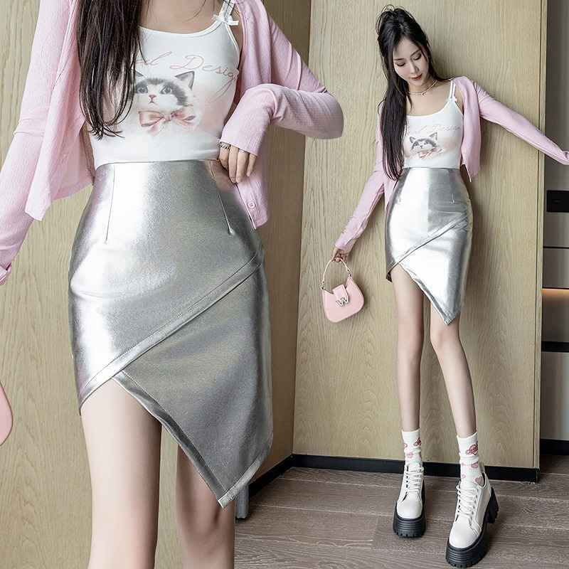 ミニスカート アシンメトリー かわいい ショート丈スカート シンプル【大きいサイズあり】 M シルバー
