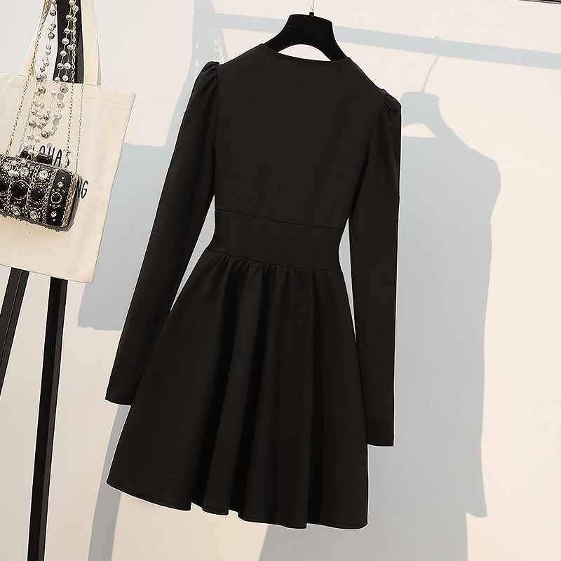  длинный рукав One-piece оборка minivan pi простой симпатичный casual V шея sexy [ большой размер есть ] 4XL черный 