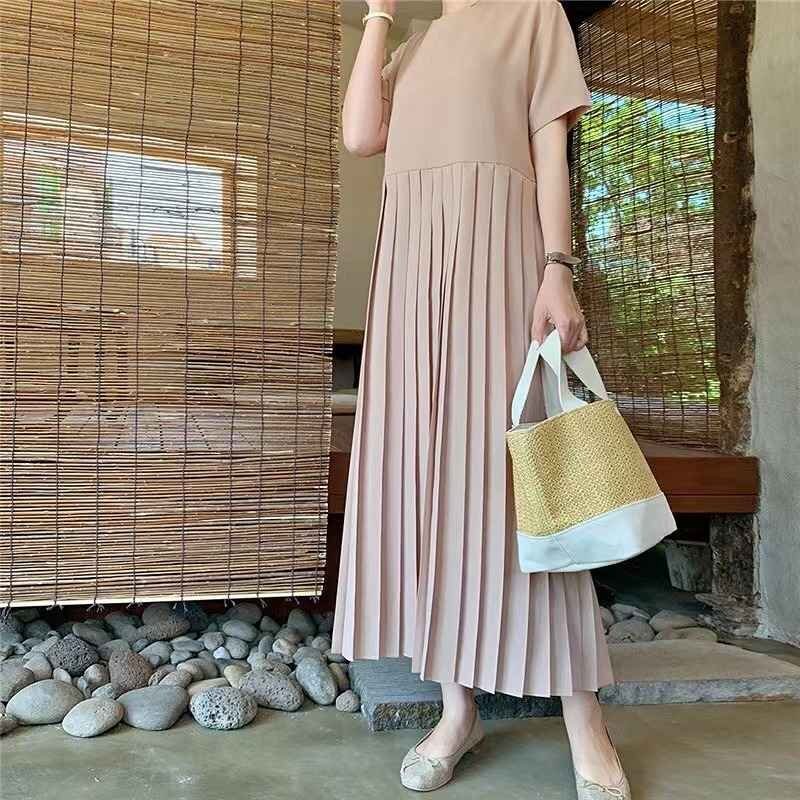 全2色 半袖ワンピース フリル 切り替え 體型カバー 著痩せ 【大きいサイズあり】 L ベージュ