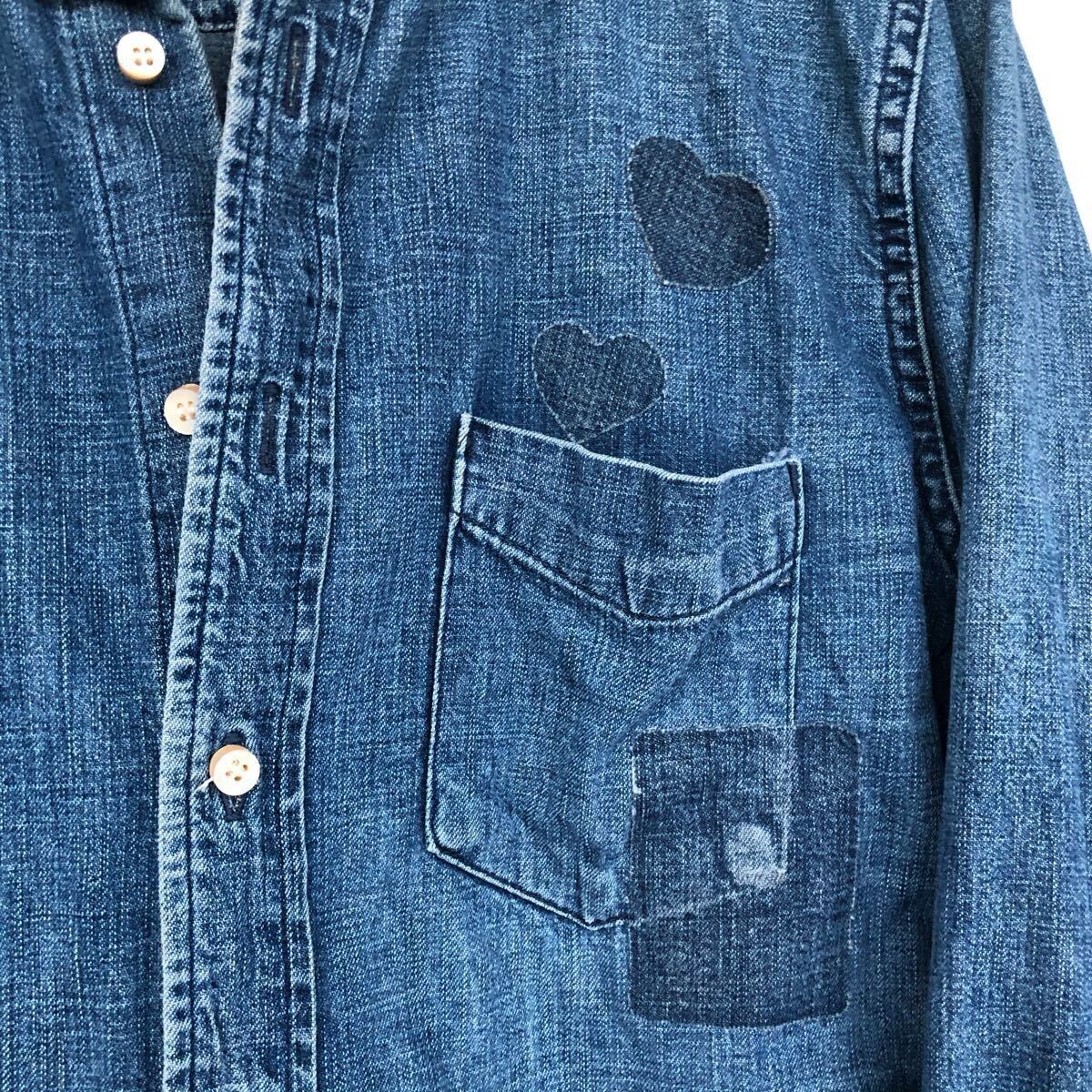 ペンキライン★REMI RELIEF デニム ボタンダウンシャツ Sインディゴ★ヴィンテージ加工 パッチ リペア BDシャツ ワークシャツ レミレリーフ