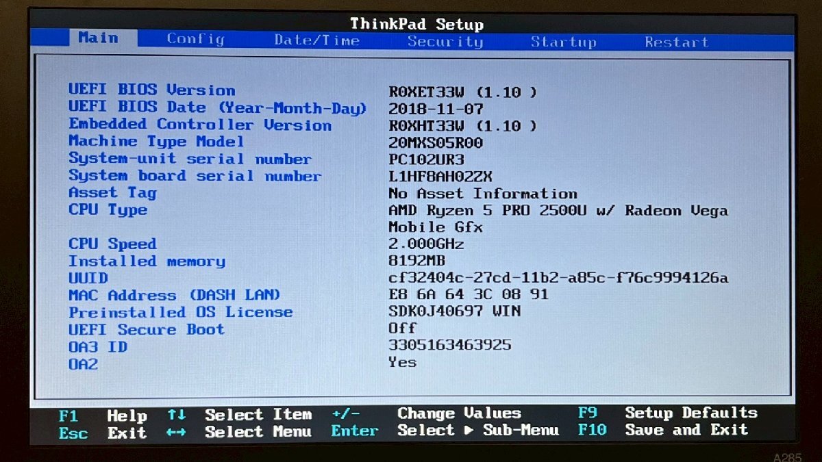 ジャンク LENOVO ThinkPad A285 20MXS05R00 (Ryzen 5 PRO 2500U /メモリ8GB/SSD128GB) S2505-157