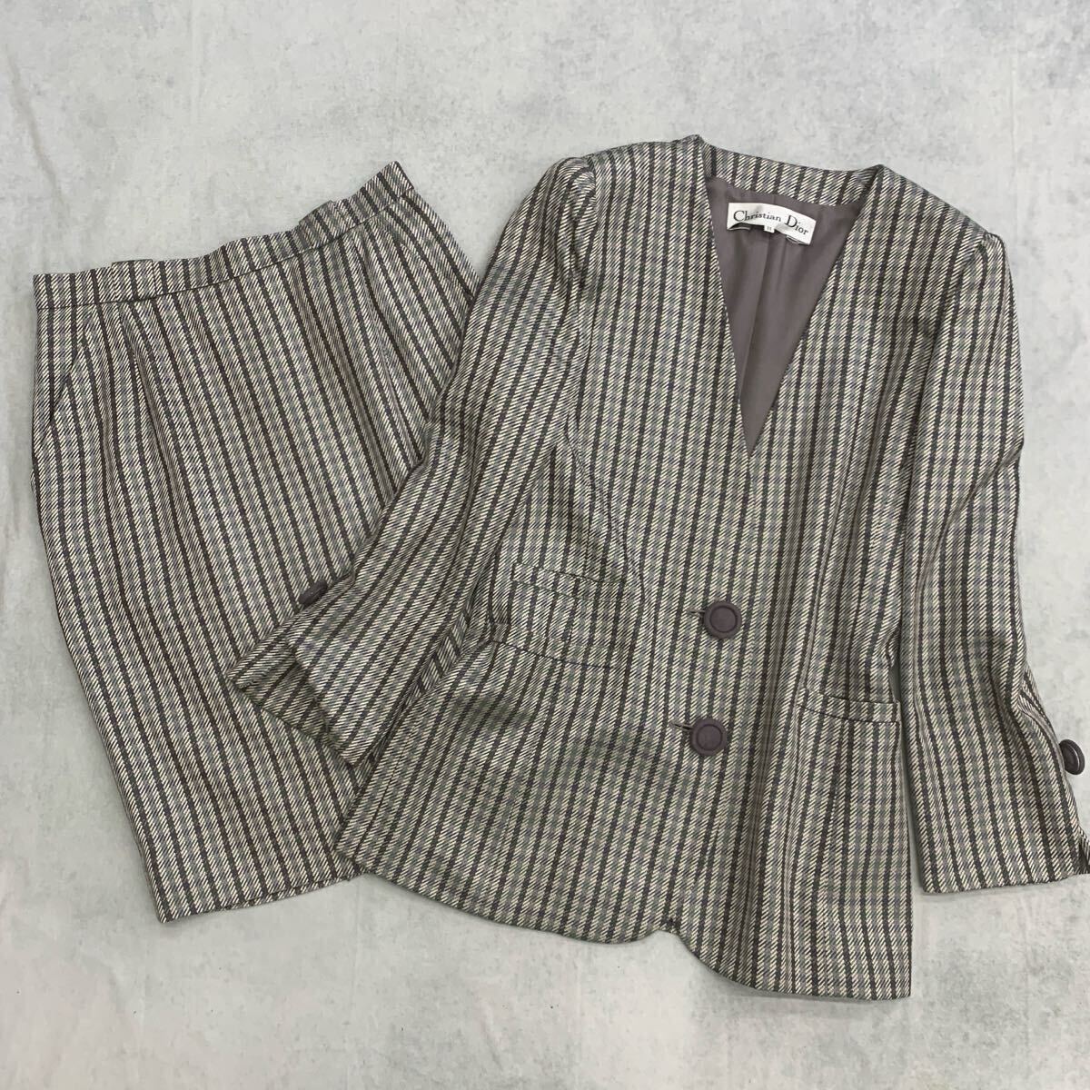 Vintage Christian Dior セットアップ シルク 絹 ノーカラー チェック スカートスーツ ベージュ グレー ヴィンテージ レディース サイズ 11