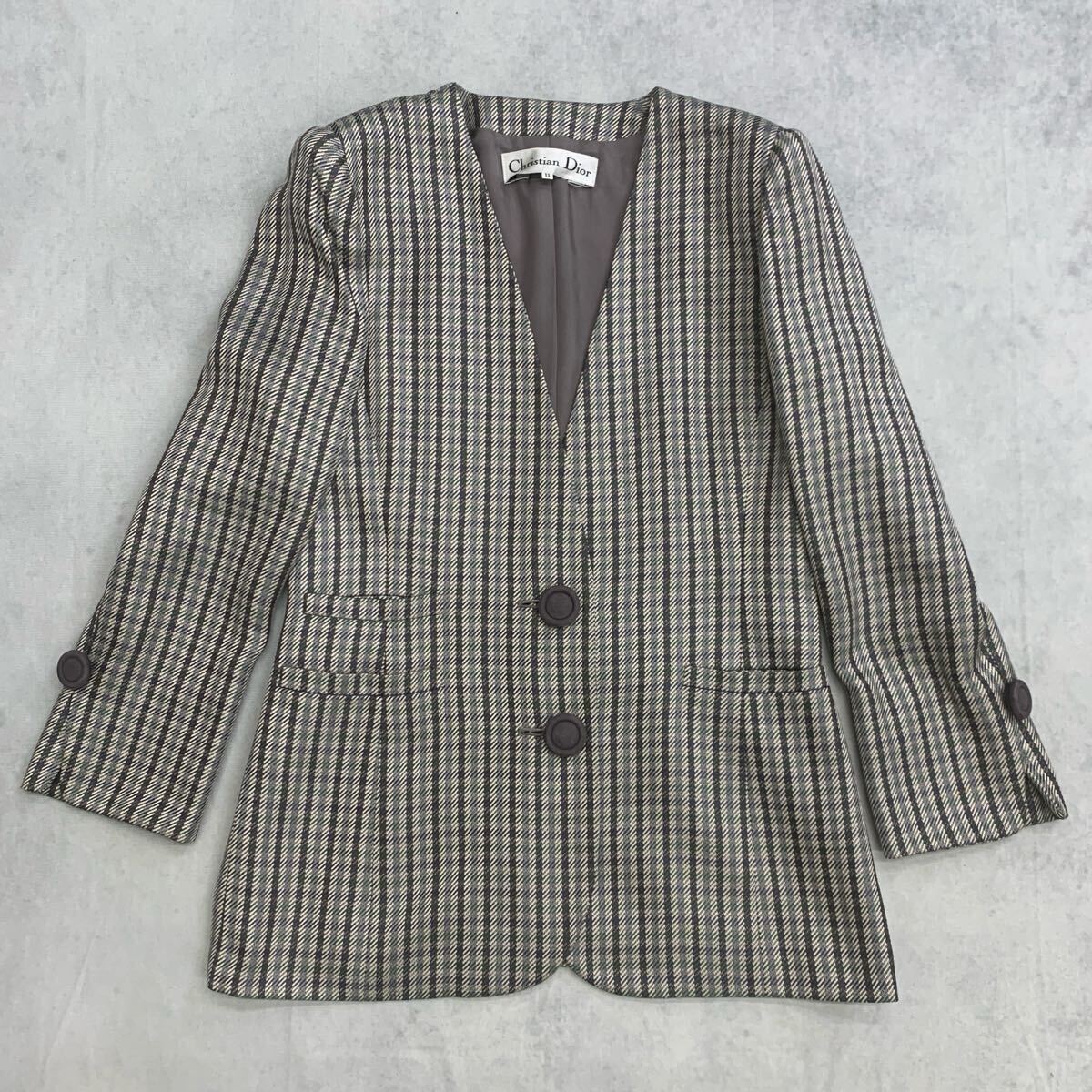 Vintage Christian Dior セットアップ シルク 絹 ノーカラー チェック スカートスーツ ベージュ グレー ヴィンテージ レディース サイズ 11