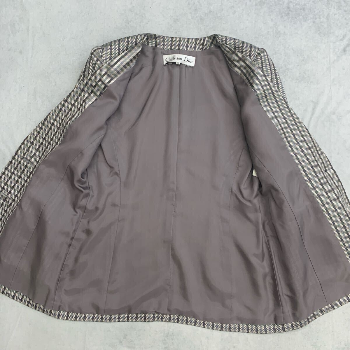 Vintage Christian Dior セットアップ シルク 絹 ノーカラー チェック スカートスーツ ベージュ グレー ヴィンテージ レディース サイズ 11