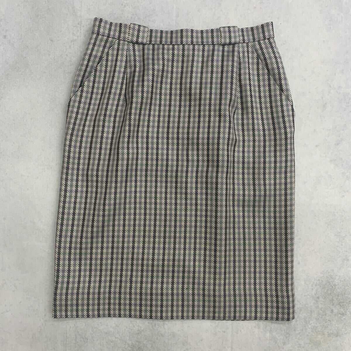 Vintage Christian Dior セットアップ シルク 絹 ノーカラー チェック スカートスーツ ベージュ グレー ヴィンテージ レディース サイズ 11