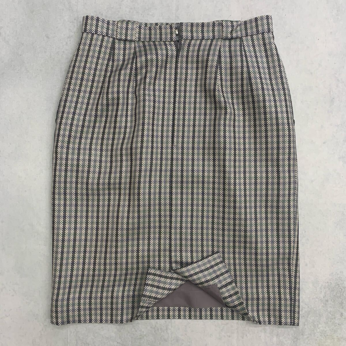 Vintage Christian Dior セットアップ シルク 絹 ノーカラー チェック スカートスーツ ベージュ グレー ヴィンテージ レディース サイズ 11