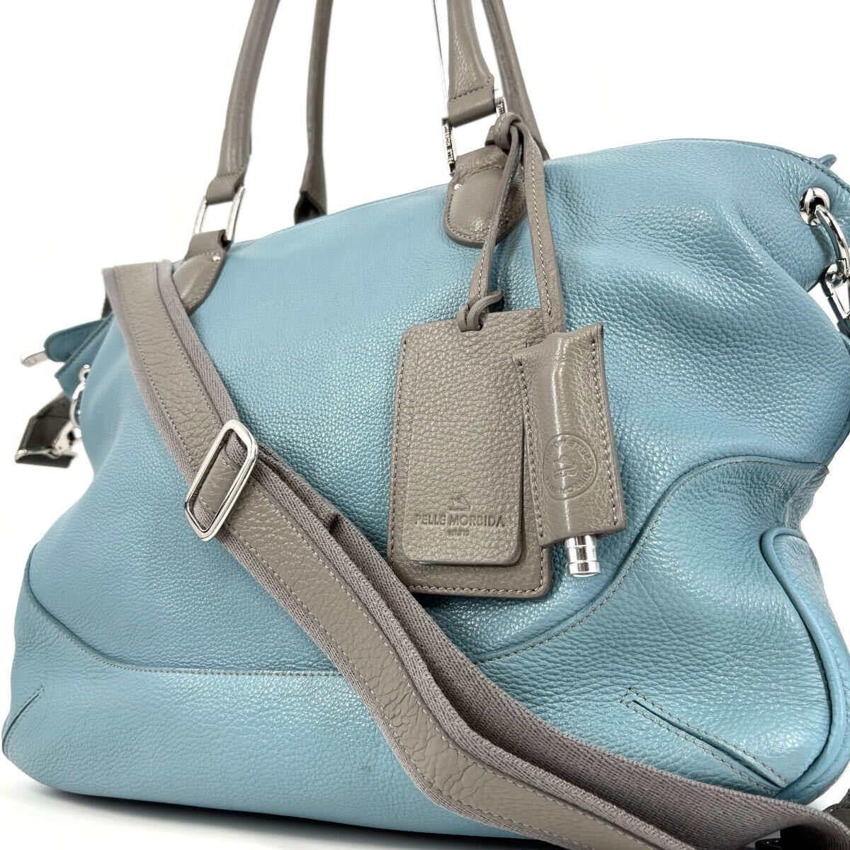 ●美品/希少色!!! PELLE MORBIDA ペッレモルビダ トートバッグ ハンド ショルダー ビジネス 2way 斜め掛け メンズ ライトブルー pc A4 革