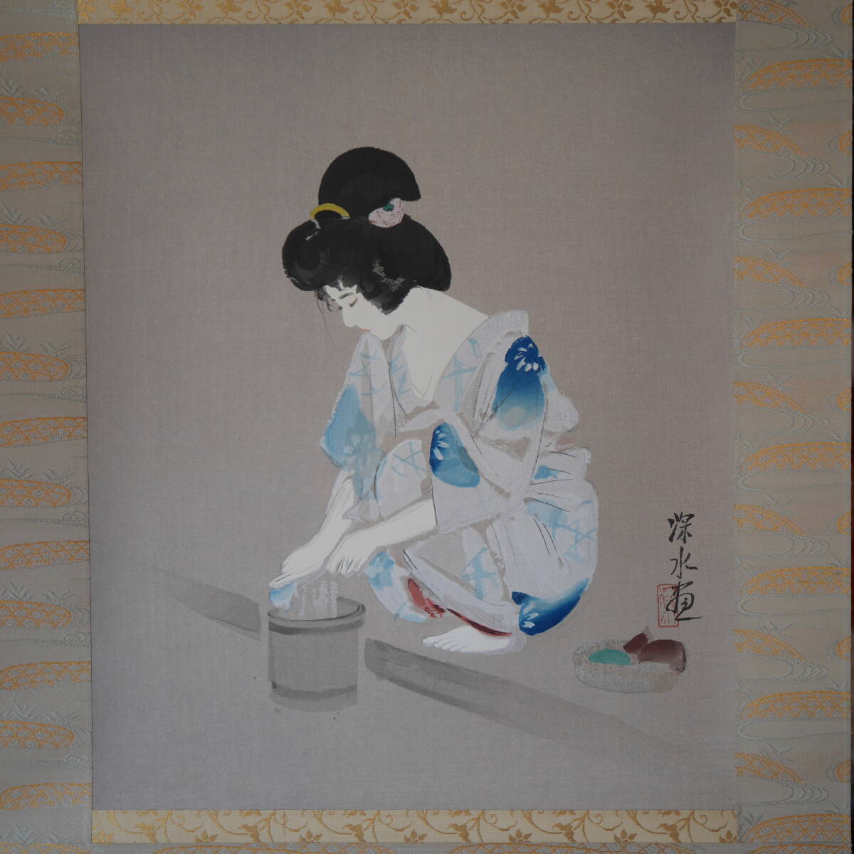 真作保証◆ 伊藤深水 伊東深水 「浴后」 【500円スタート売り切り】 木版畫 掛軸 美人畫 浮世絵 古美術(shù) 著物 日本 アート 共箱 日本畫家 I