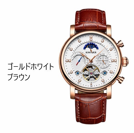 メンズ 時計 腕時計 ムーンフェイズ 機械式 革ベルト 自動巻 トゥールビヨン スケルトン カレンダー 男性ウォッチ 防水