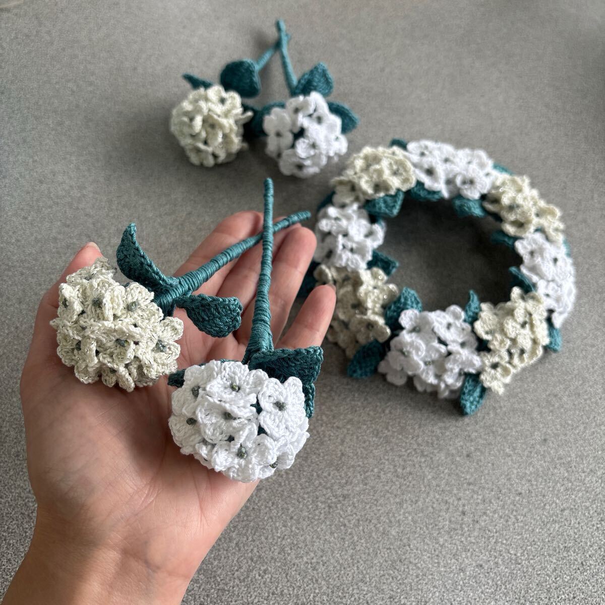アナベル紫陽(yáng)花のリース＆小さなアナベル4本　ハンドメイド　レース編みセット