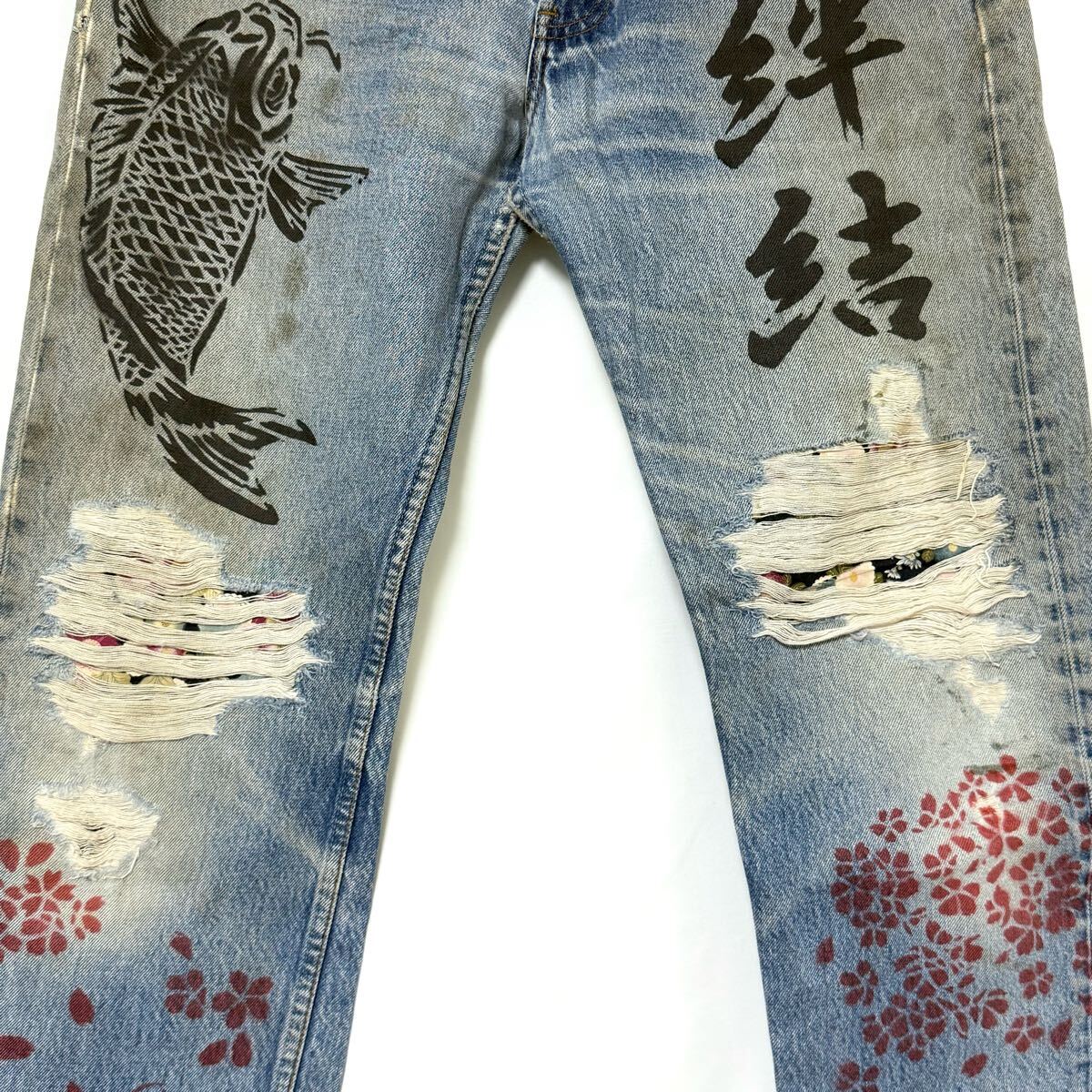 希少 LEVI'S リーバイス90s 501XX 和柄 リメイク デニム パンツ米國制 501-0000 ジーンズ 1998年モデル 歌舞伎 鯉 桜 鶴 USA W34 L36