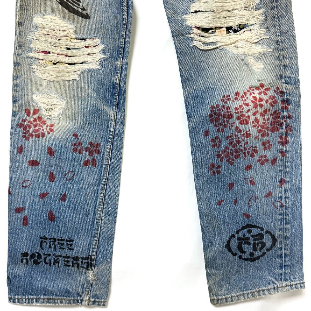 希少 LEVI'S リーバイス90s 501XX 和柄 リメイク デニム パンツ米國制 501-0000 ジーンズ 1998年モデル 歌舞伎 鯉 桜 鶴 USA W34 L36