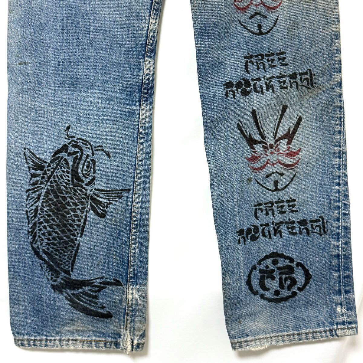 希少 LEVI'S リーバイス90s 501XX 和柄 リメイク デニム パンツ米國制 501-0000 ジーンズ 1998年モデル 歌舞伎 鯉 桜 鶴 USA W34 L36